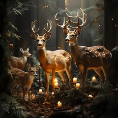 Wall Mural - deer in the forest with candles in the night. 3d render