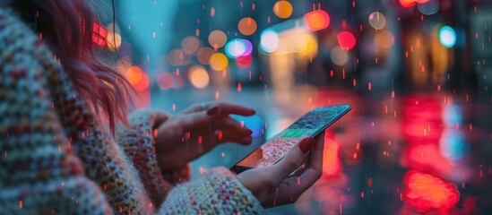 close up of hand using online shopping mobile payment and icons on night background, mobile payment concept