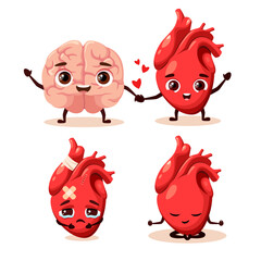 Wall Mural - Set of cute organs in cartoon style. Brain and heart.