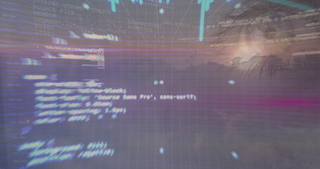 Poster - image of data processing over woman's blue eye