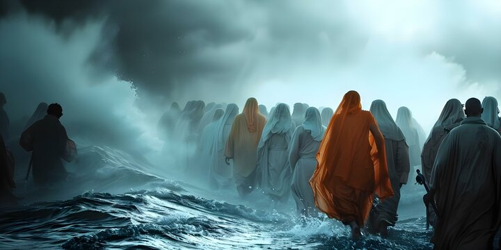 Biblical story Jesus walking on water during a storm witnessed by disciples. Concept Miracles, Jesus, Disciples, Faith, Storm