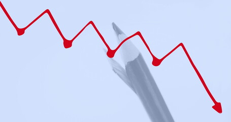 Poster - Image of red graph moving over close up of a pencil against blue background