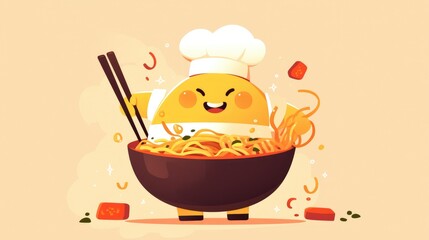 Illustration of a charming cartoon chef intestine character proudly brandishing a bowl of noodles in a delightful flat cartoon style