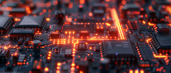 Wall Mural - Highresolution closeup of vibrant glowing circuit board pathways