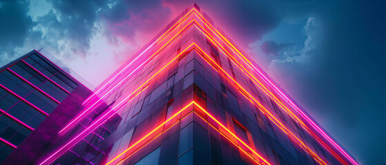 Highrise building exterior with neon lights outlining its minimalistic architecture