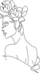 Wall Mural - Woman Head with Flowers Line Art Drawing. Fashion Female Portrait Minimalist Style. Floral Woman Head Linear Drawing for Cosmetics. Continuous Line Fashion Minimal Print. Beauty Logo. Vector EPS 10