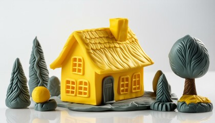 Wall Mural - A playdough cottage with a few bushes around