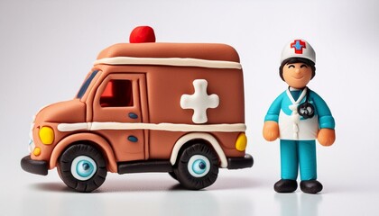 Wall Mural - A playdough paramedic with an brown ambulance