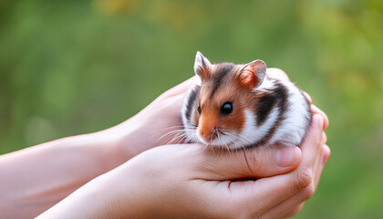 Poster - Cute hamster in hands on nature background close up