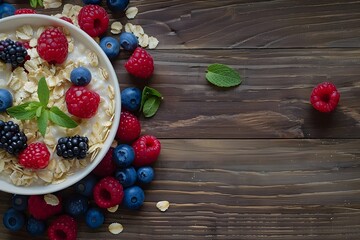 Wall Mural - Porridge with berries on a wooden table.