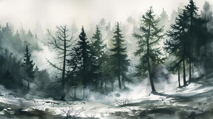 Wall Mural - A serene winter forest scene with snow-covered trees and a calm atmosphere