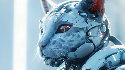 Poster - Cyborg Feline with Sleek Titanium Frame and Holographic Fur in Dynamic Power-Up Pose with Retro-Futuristic Art Style