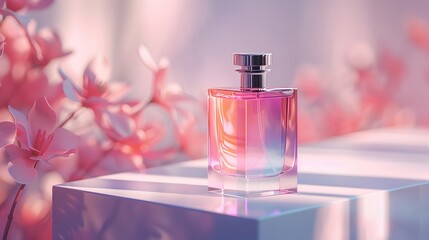 Wall Mural - Luxurious Perfume Bottle in Pastel-Hued Cinematic Setting on Pristine Platform