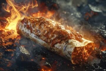 A piece of meat is being cooked on a grill