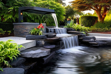 Poster - A cascading waterfall surrounded by lush green ferns and moss creates a serene natural pool, perfect for a refreshing escape.