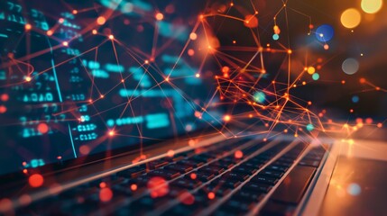 Abstract concept of a digital network overlaying a computer workstation with a focus on futuristic connectivity