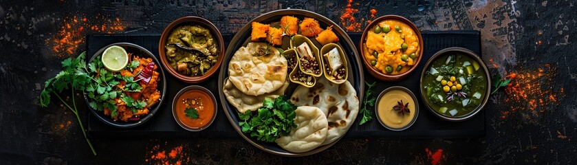Top view of a traditional Gujarati thali, featuring a variety of vegetarian dishes, including dhokla, thepla, and khandvi