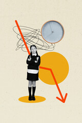 Poster - Collage 3d image retro sketch of sad girl look clock time school day shopping kids education concept magazine billboard comics zine minimal