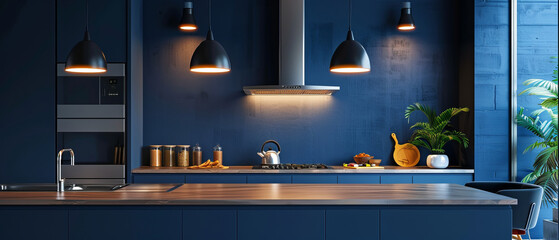 Modern kitchen with a solid dark blue wall and stainless steel appliances, sleek look