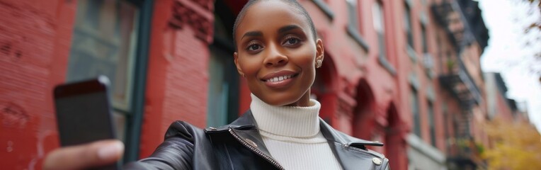 Wall Mural - An African American woman is posing for a selfie in front of a vibrant red building