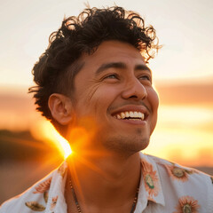 Wall Mural - Attractive smiling Hispanic man looking away during sunrise 