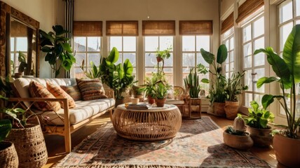 The living room interior has a vintage charm, decorated with plants that give an elegant and comfortable impression