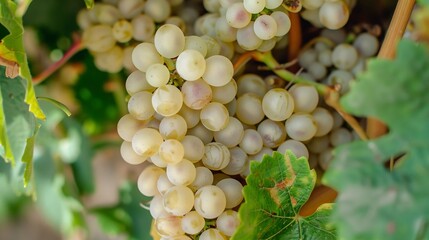 Poster - A bunch of white grapes between the grape leaves in a vineyard of Gmar Tenerife Canary Islands Spain Marmajuelo or Bermejuela grape variety : Generative AI