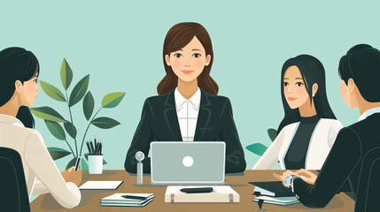 Poster - A diverse team of businesspeople collaborates on laptops at a modern office desk