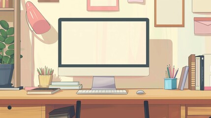 Wall Mural - Computer mockup, computer with blank screen on desk, illustration style