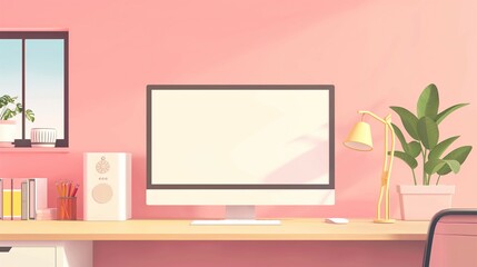 Wall Mural - Computer mockup, computer with blank screen on desk, illustration style