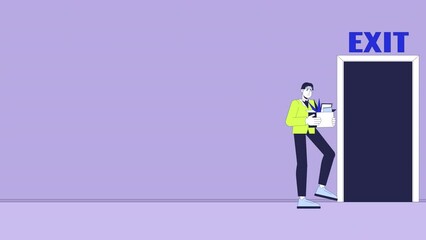 Poster - Asian mane with stuff box leaving office line cartoon animation. Unemployment problem 4K video motion graphic. Dismissed korean male going out 2D linear animated character on interior background