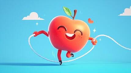 Canvas Print - A cartoon character representing an apple is seen playfully jumping rope