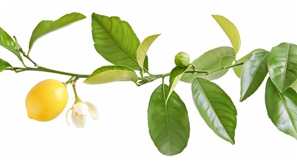 Poster - Lemon with green leaves and flower on tree branch isolated on white background : Generative AI