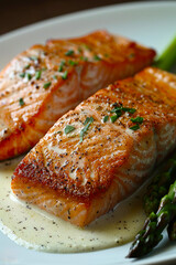 Wall Mural - Two fillets of salmon served with asparagus on a white plate, showcasing a delicious and healthy meal
