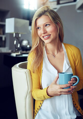 Wall Mural - Happy, coffee and woman in home for thinking, chill and relaxing with drink, beverage and cappuccino. Smile, morning and person with cup, tea and mug in living room for wellness, rest and break