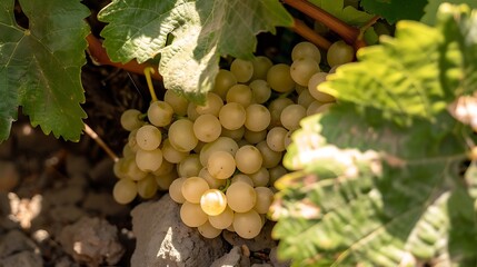 Poster - A bunch of white grapes between the grape leaves in a vineyard of Gmar Tenerife Canary Islands Spain Marmajuelo or Bermejuela grape variety : Generative AI
