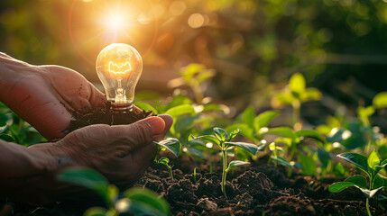Wall Mural - Hand holding light bulb with green plant in sunlight background. Fictional photography