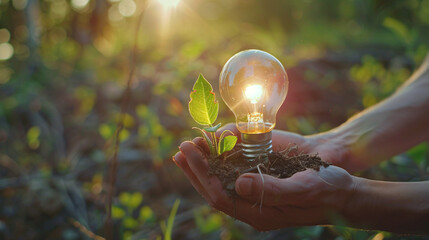 Wall Mural - Hand holding light bulb with green plant, energy environment