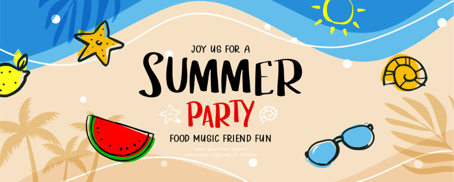 Summer party banner poster with doodle element on beach background.
