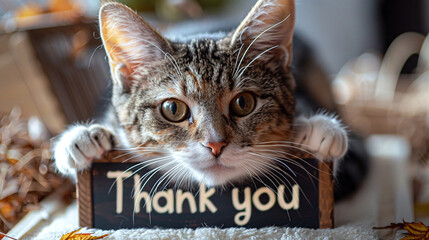 Wall Mural - Cat's gratitude. The cat lies face down on wooden sign with the inscription 