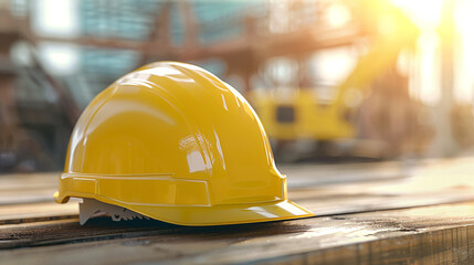 Safety on construction site. Yellow construction helmet lies on wooden table.