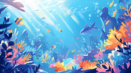 Wall Mural - underwater view of lots of fish and coral with cartoon illustration style
