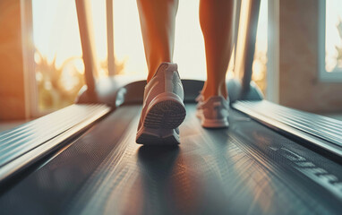 Woman runs on treadmill. Only the exercise equipment and legs are visible. Health preservation concept