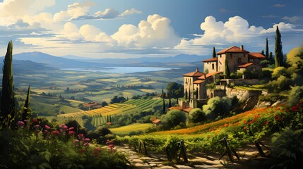 Wall Mural - Panoramic view of Tuscany, Italy. Panoramic image