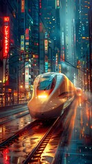 Wall Mural - A dynamic illustration of a high-speed maglev train gliding through a technologically advanced city. 