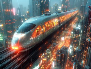 Wall Mural - A dynamic illustration of a high-speed maglev train gliding through a technologically advanced city. 