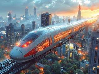 Wall Mural - A dynamic illustration of a high-speed maglev train gliding through a technologically advanced city. 