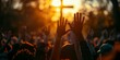 © serg3d - A group of people are worshipping with their hands raised in the air at a religious gathering. AI.