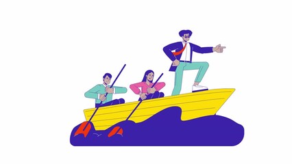 Fototapete - Latin american man leader with team in boat line cartoon animation. Leadership 4K video motion graphic. Corporate employees sailing vessel 2D linear animated characters isolated on white background