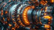 © Atchariya63 - Abstract futuristic machine with glowing orange and blue lights. Close-up of complex gears and mechanisms.